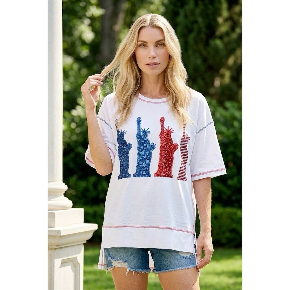Fantastic Fawn T-Shirt Womens M White Oversized Sequin Statue of Liberty